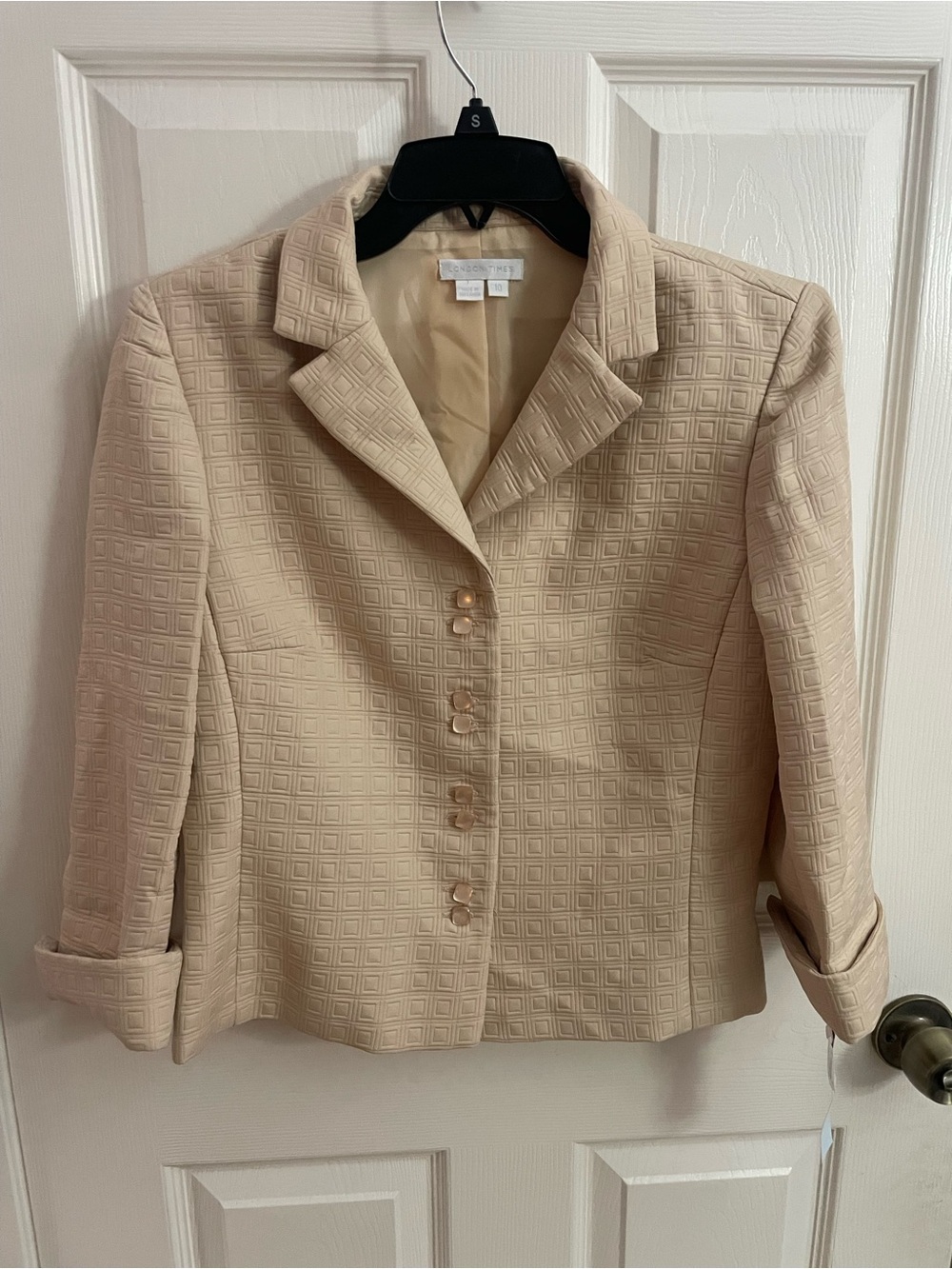 London Times Cream Textured Notch-Collar Blazer